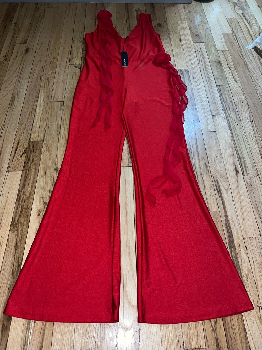 Fashion Nova Red Ruffle Wide-Leg Jumpsuit